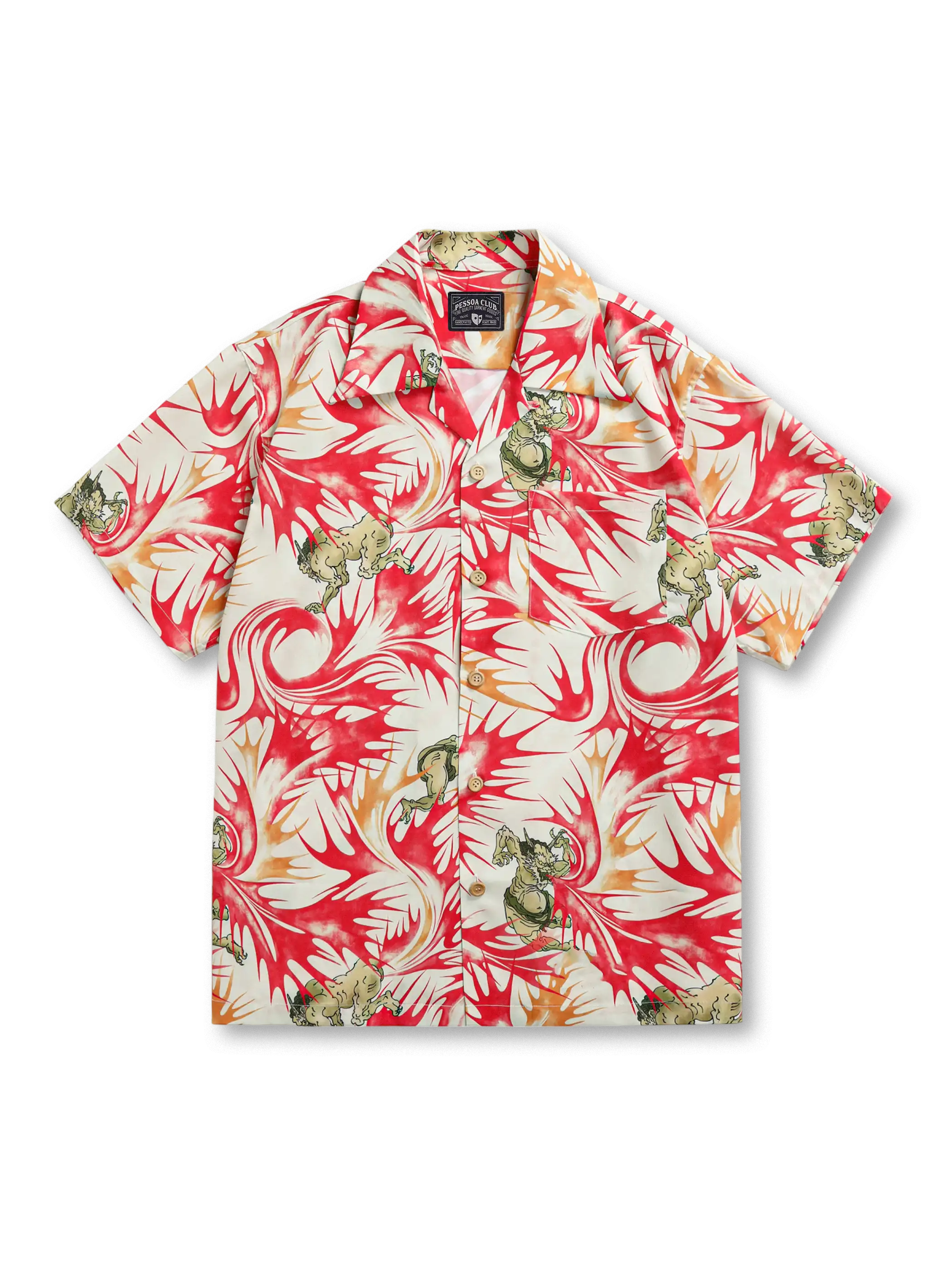 火焔のグラデーションに浮世絵風龍虎図を配したリヨセル素材のアロハシャツ。シルキーな光沢と優れたドレープ性で夏も快適。