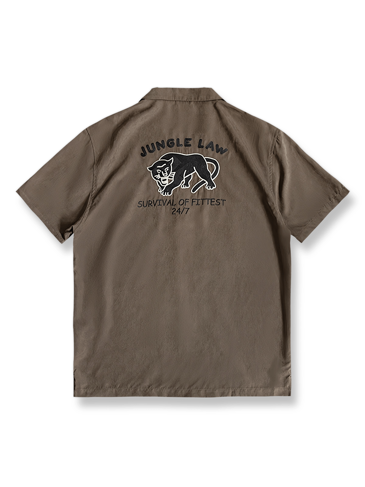 「ジャングルの法則」ブラックパンサー刺繍キューバシャツ。