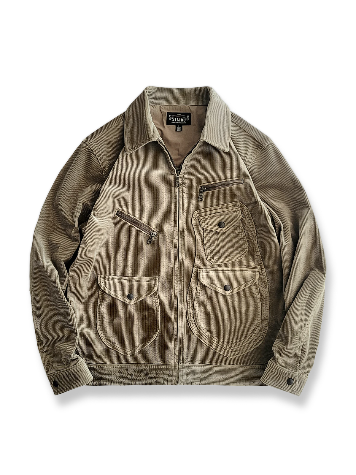 カーキ色コーデュロイ素材のマルチポケットワークジャケット