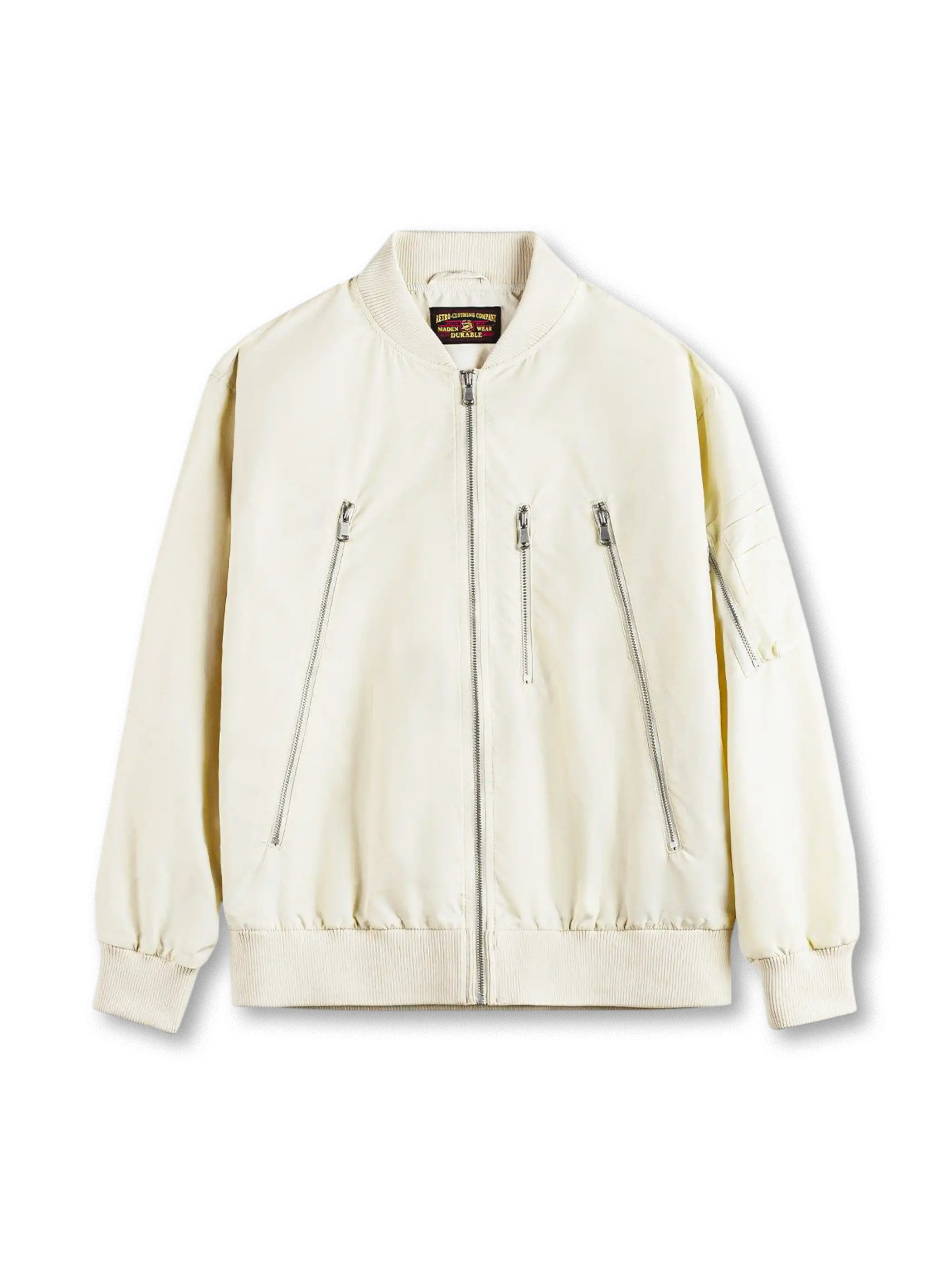 象牙白のL-2B型フライトジャケット、フロントジップと金属ジップポケット、左袖にコンビポケット付き