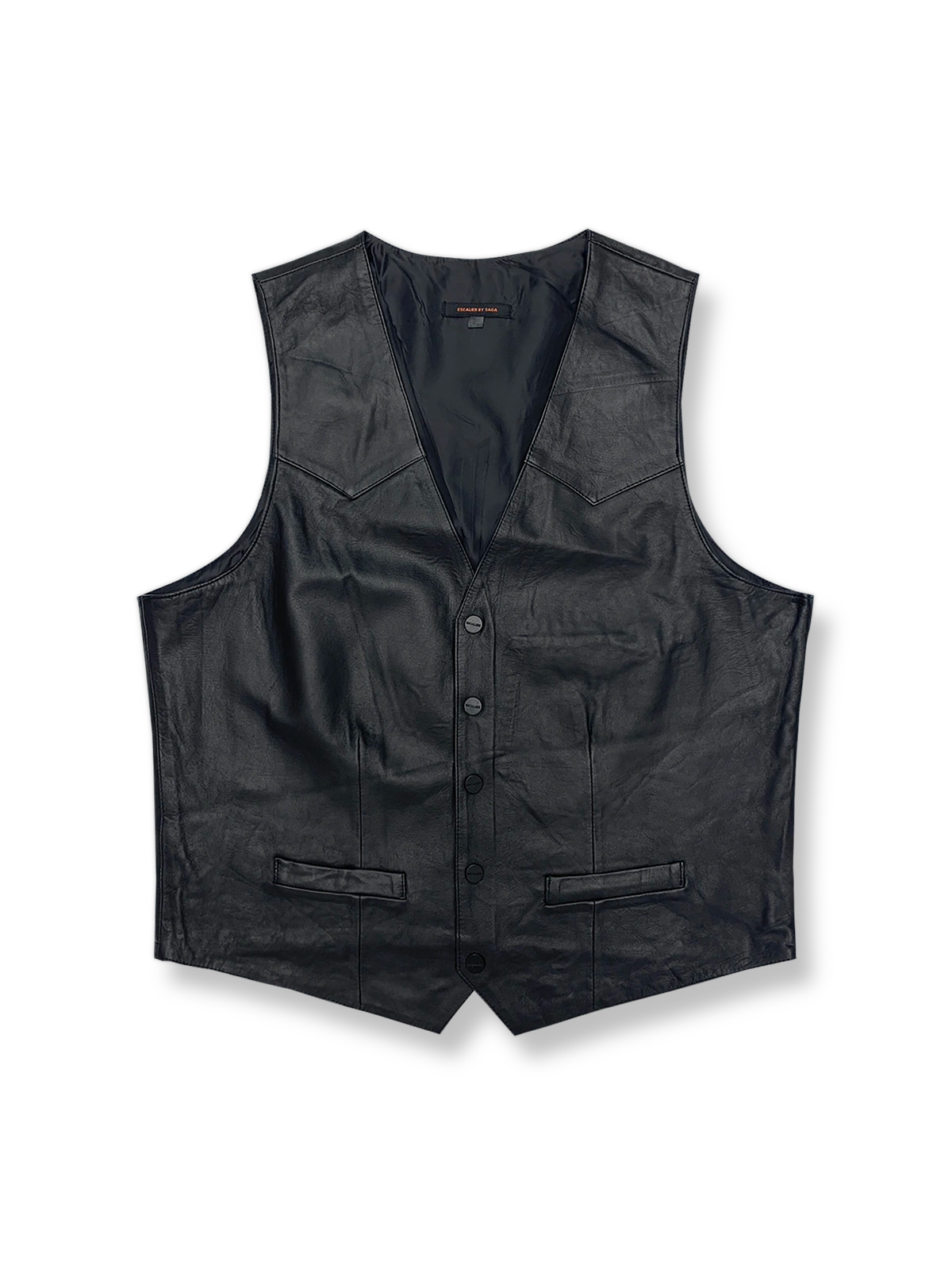 ラムレザーの柔らかな質感とシンプルなジップ、サイドスナップが特徴のライダースベストの全体像。