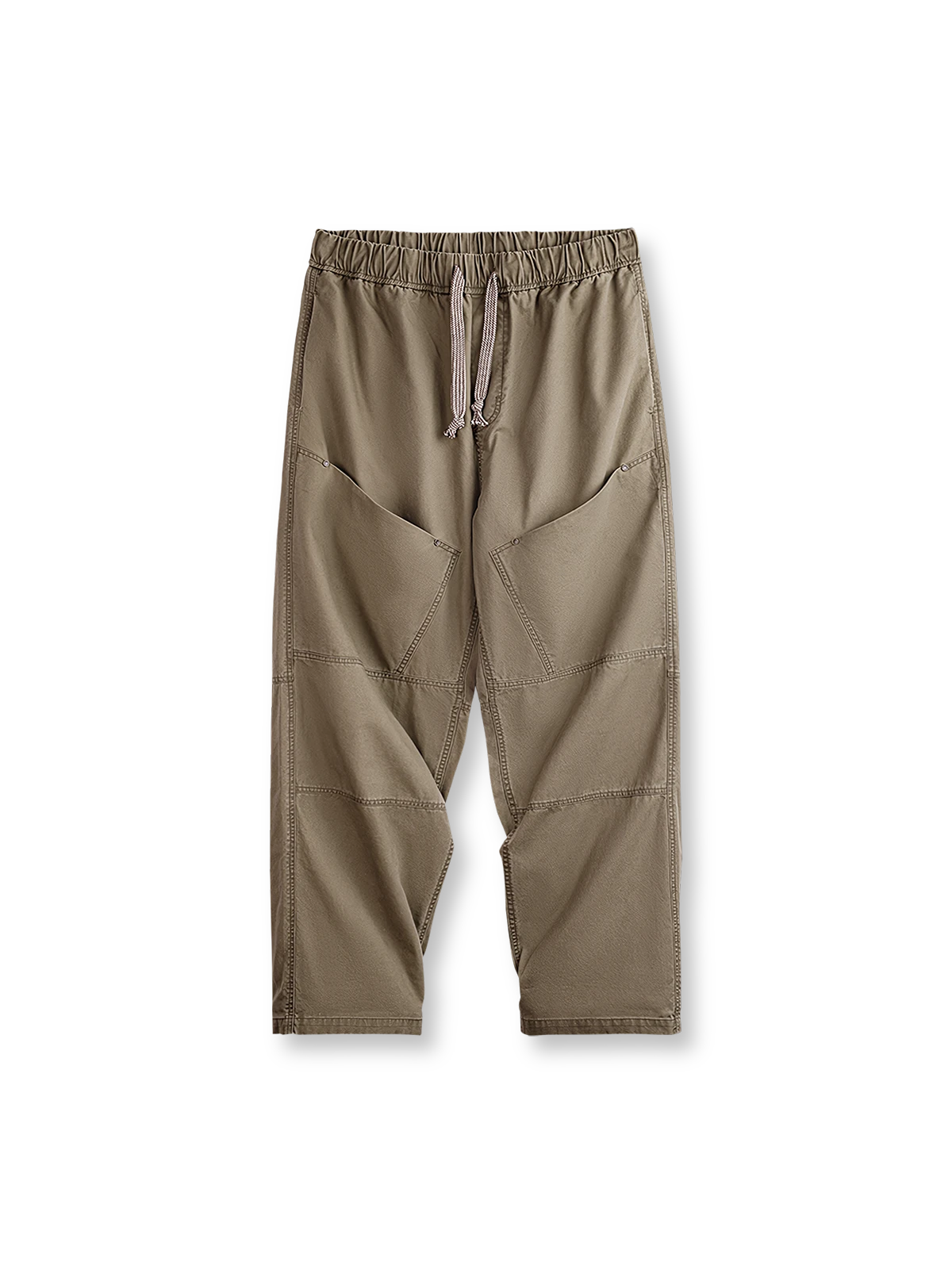 コットン素材のワイドカジュアルパンツ。大容量パッチポケットとゴムウエスト仕様が特徴。