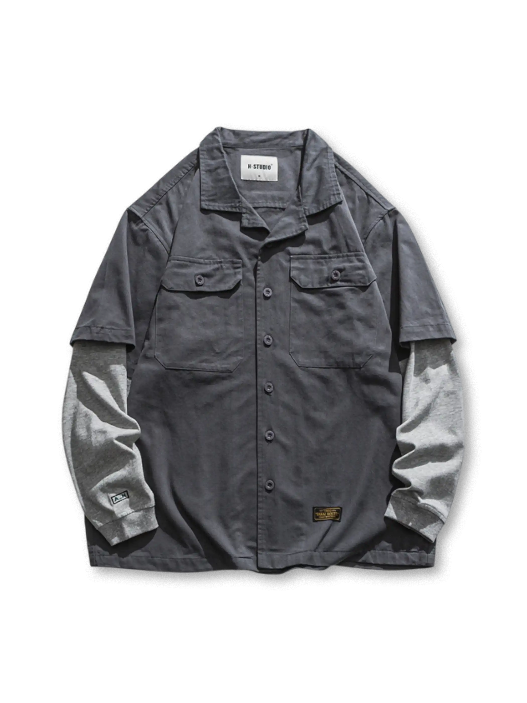 ツイルコットンとカットソースリーブを重ねたフェイクワンピース構造のワークシャツ