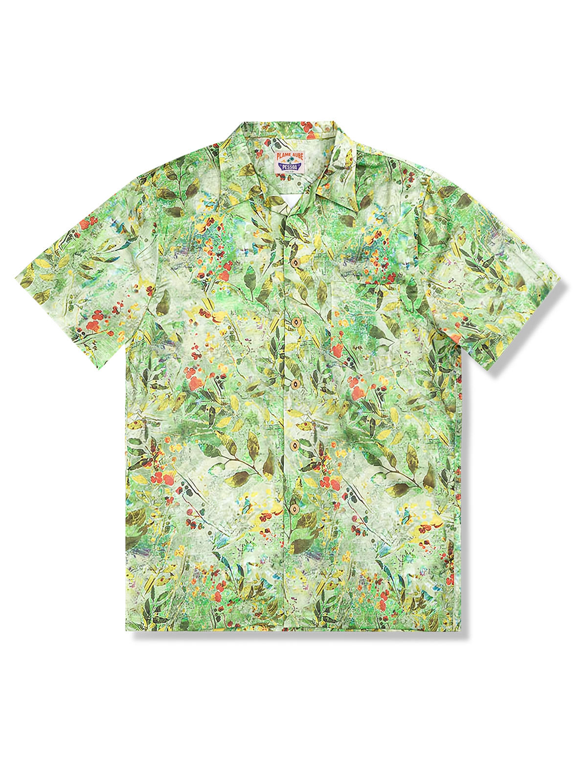 葉っぱ柄キューバカラーアロハシャツ、緑ベース、ゆったりシルエット、光沢ポリエステル素材