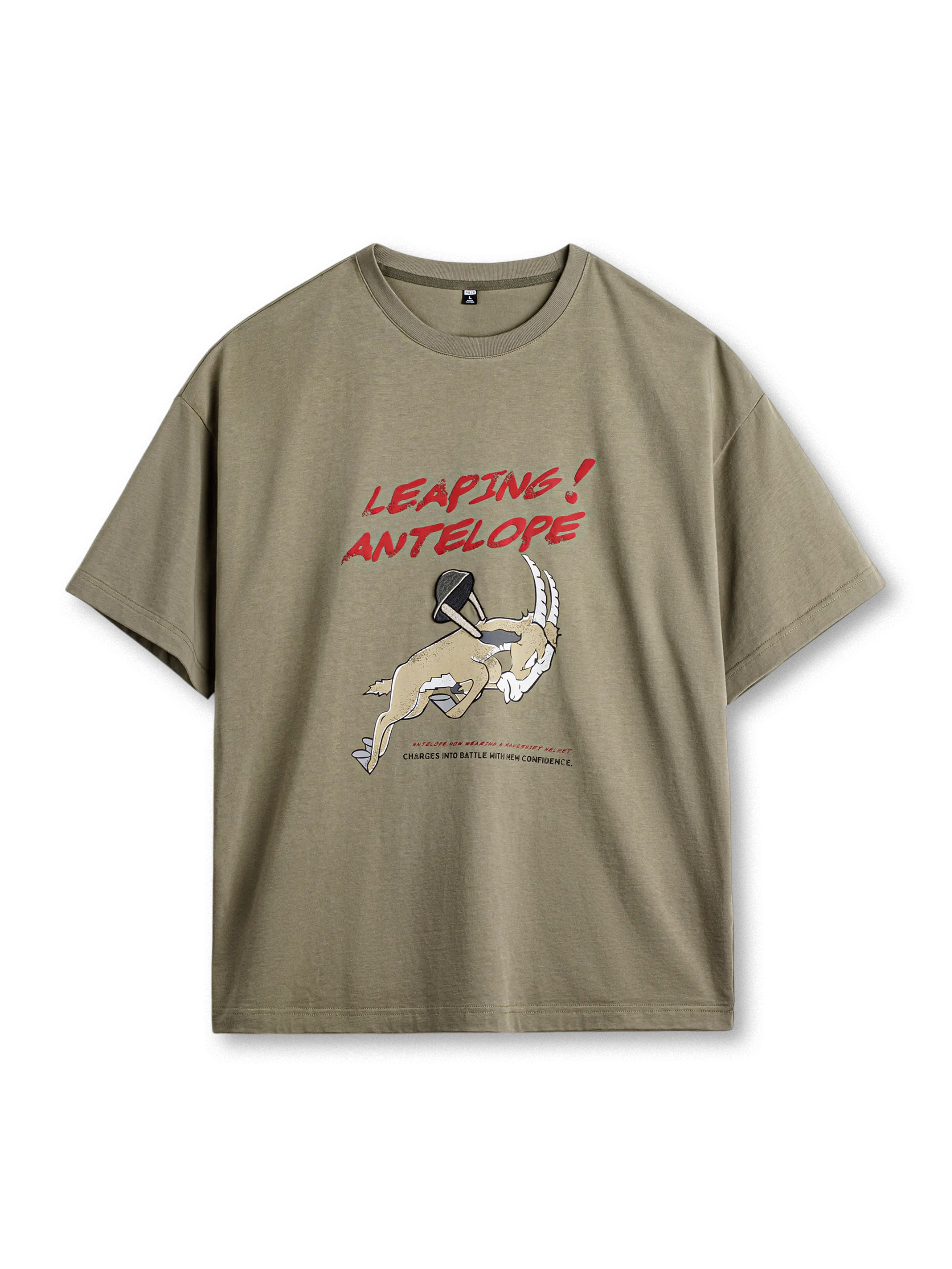 跳ねるアンテロープ刺繍と発泡プリントが特徴の耐久性あるワイドシルエットTシャツ