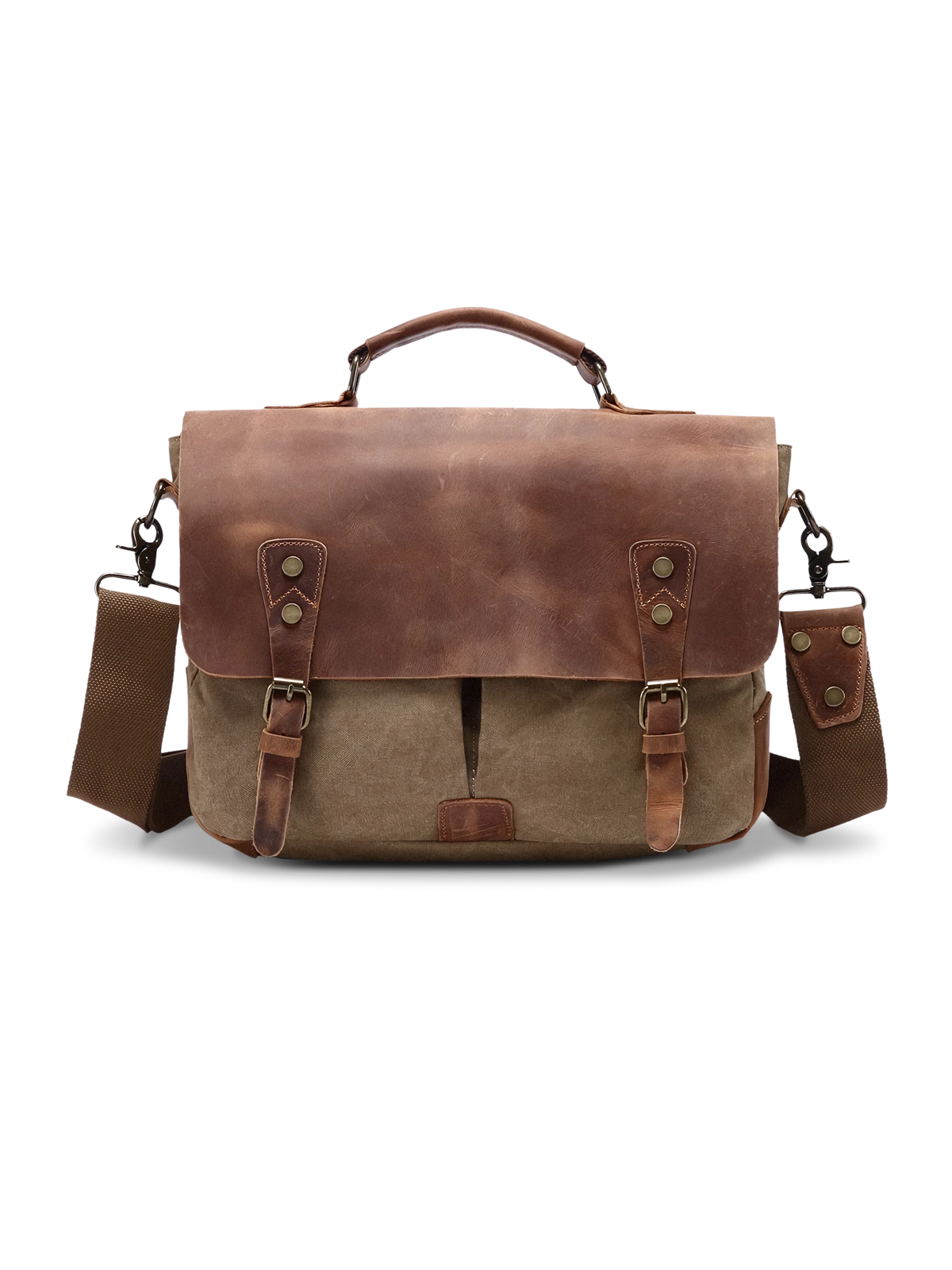 レザーとキャンバスを組み合わせたヴィンテージ風メッセンジャーバッグの写真