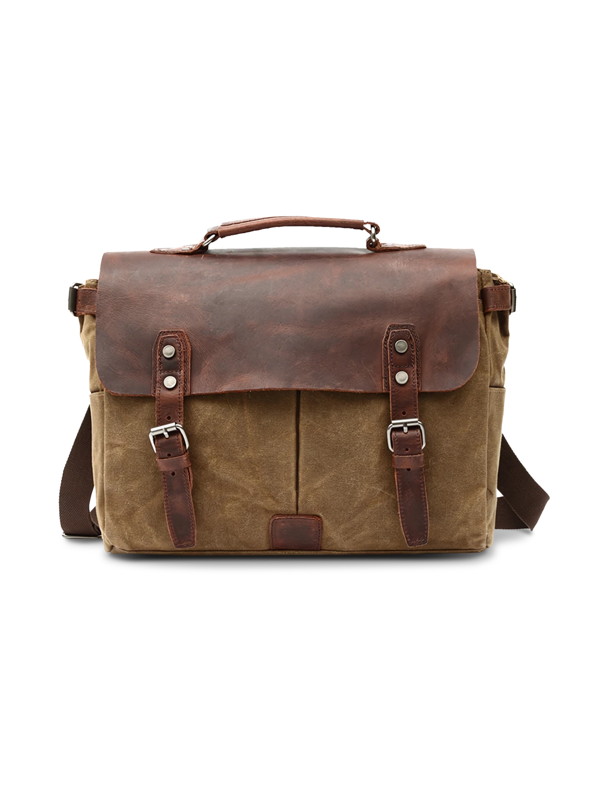 牛革とキャンバスを組み合わせたメッセンジャーバッグ、真鍮金具と多ポケット付き。