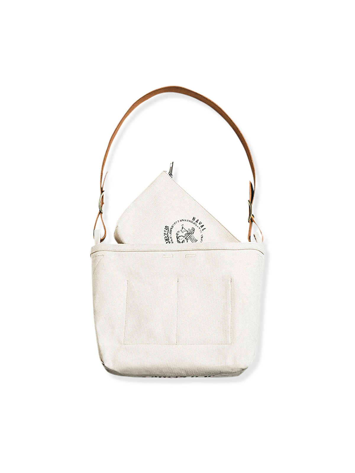 革ストラップ綿キャンバス斜め掛けバッグ、小物収納、中身バッグ付き、英字プリント、ヴィンテージオフホワイト