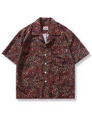 ヒョウ柄キューバカラーアロハシャツ、赤ベース、ルーズフィット、耐久ポリエステル素材