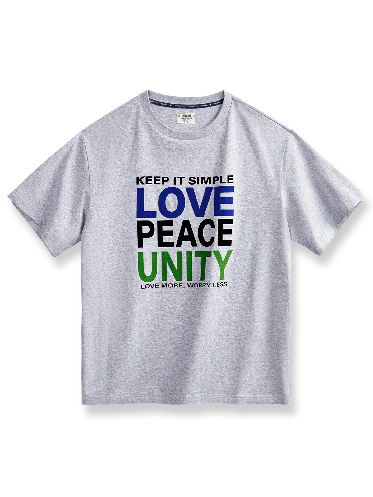 「Love Peace Unity」のレターフロッキープリント半袖Tシャツ