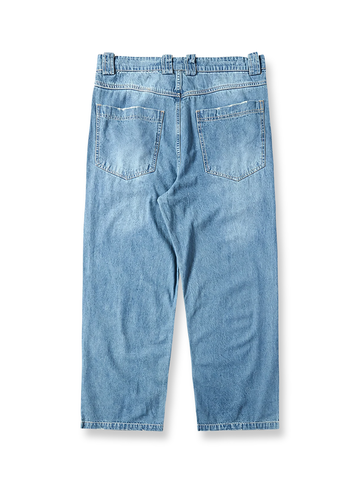 ライトブルーのウォッシュ加工が施されたクラシックなストレートシルエットのコットンデニムパンツ。耐久性と快適さを兼ね備えたデザイン。