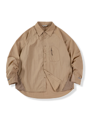 ウォッシャブル加工ナイロン素材、ジオメトリック裾と弧形ポケットが特徴の軽量機能シャツ