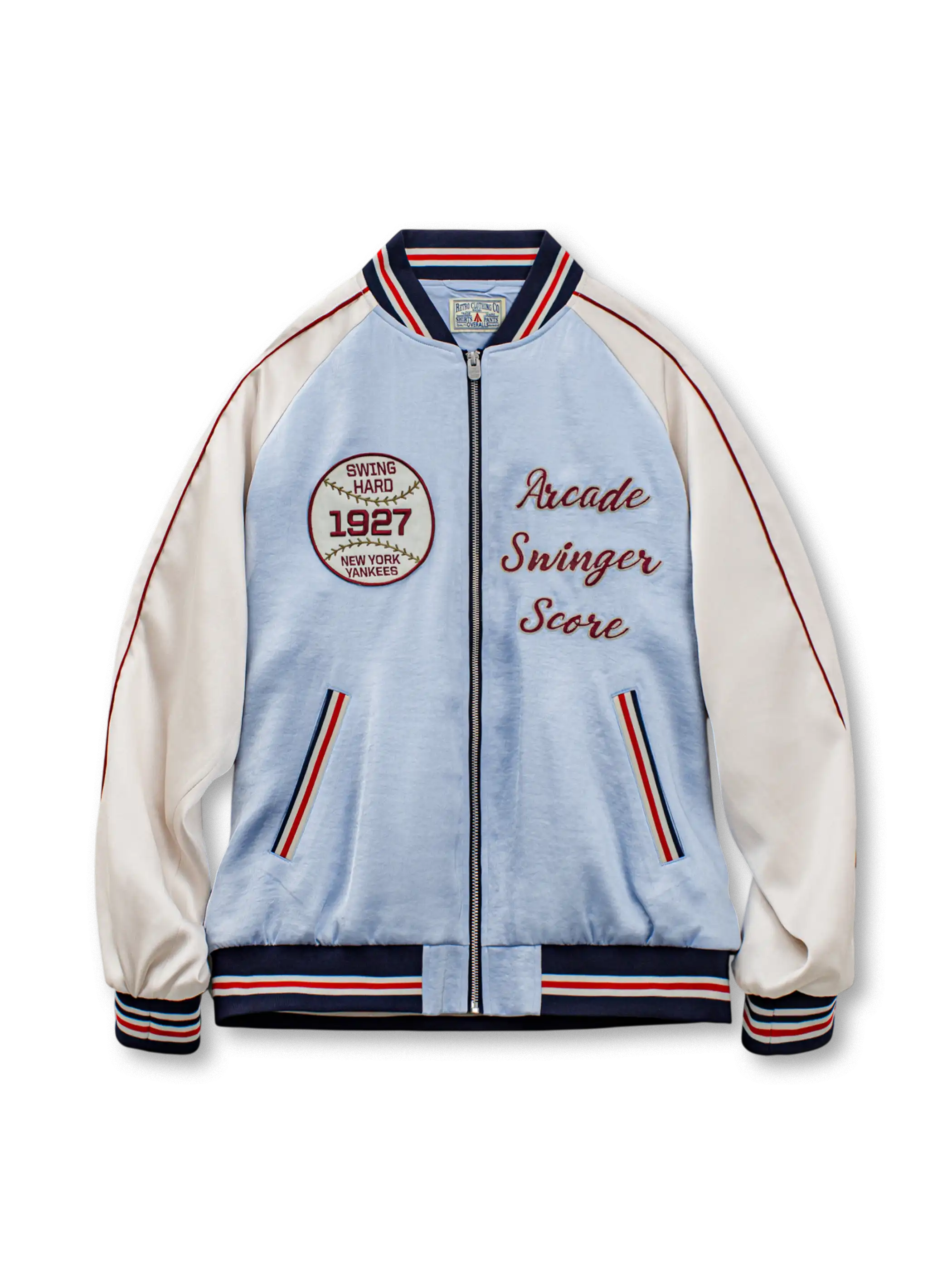 限定版 横須賀ベースボールスカジャン メンズ光沢サテン刺繍ジャケット 湖水色ラグランスリーブ