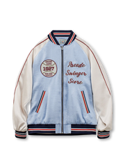 限定版 横須賀ベースボールスカジャン メンズ光沢サテン刺繍ジャケット 湖水色ラグランスリーブ