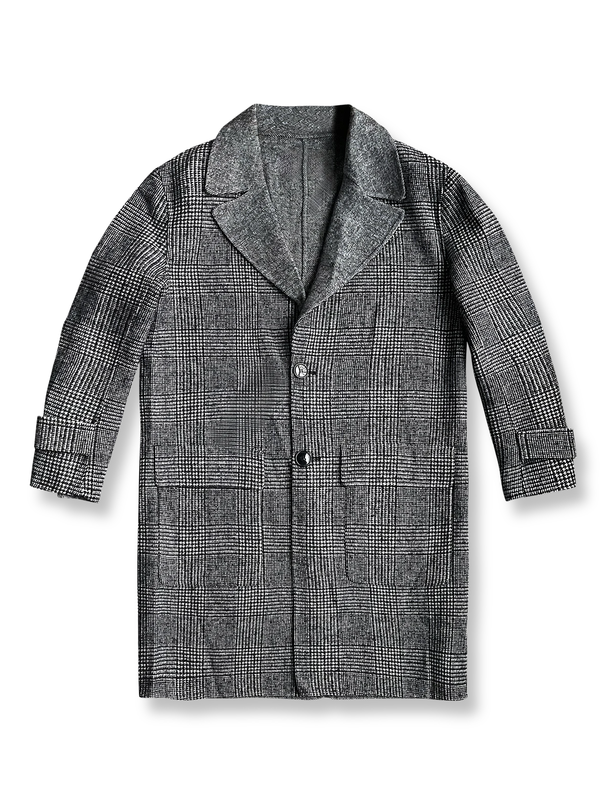 ウール混紡素材とブリティッシュチェック柄が特徴の長丈コート。大きなラペルと実用的ポケット付き。