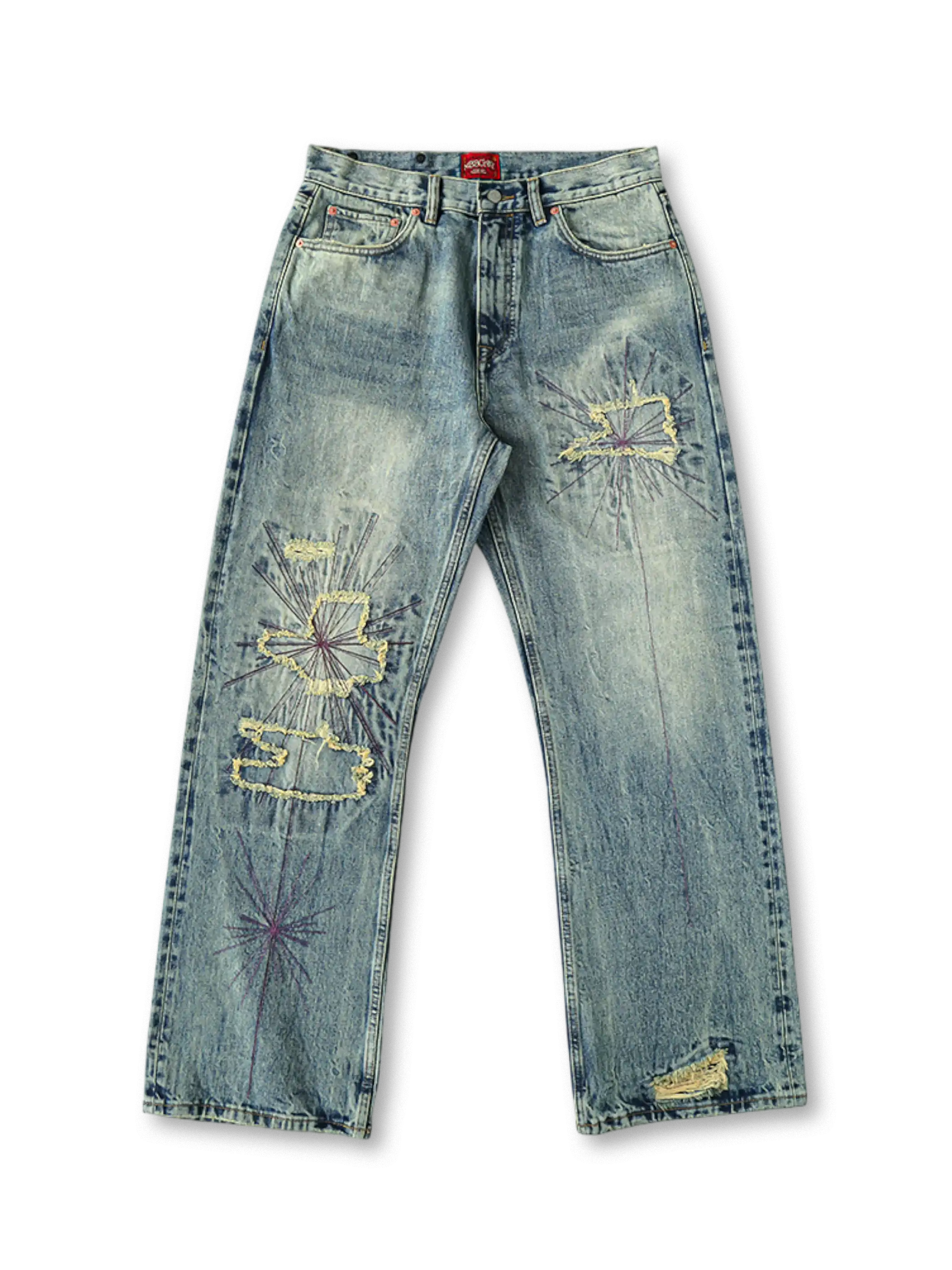 蛇毒モチーフ刺繍と赤耳デニムを用いたヴィンテージ感あふれるワイドパンツ