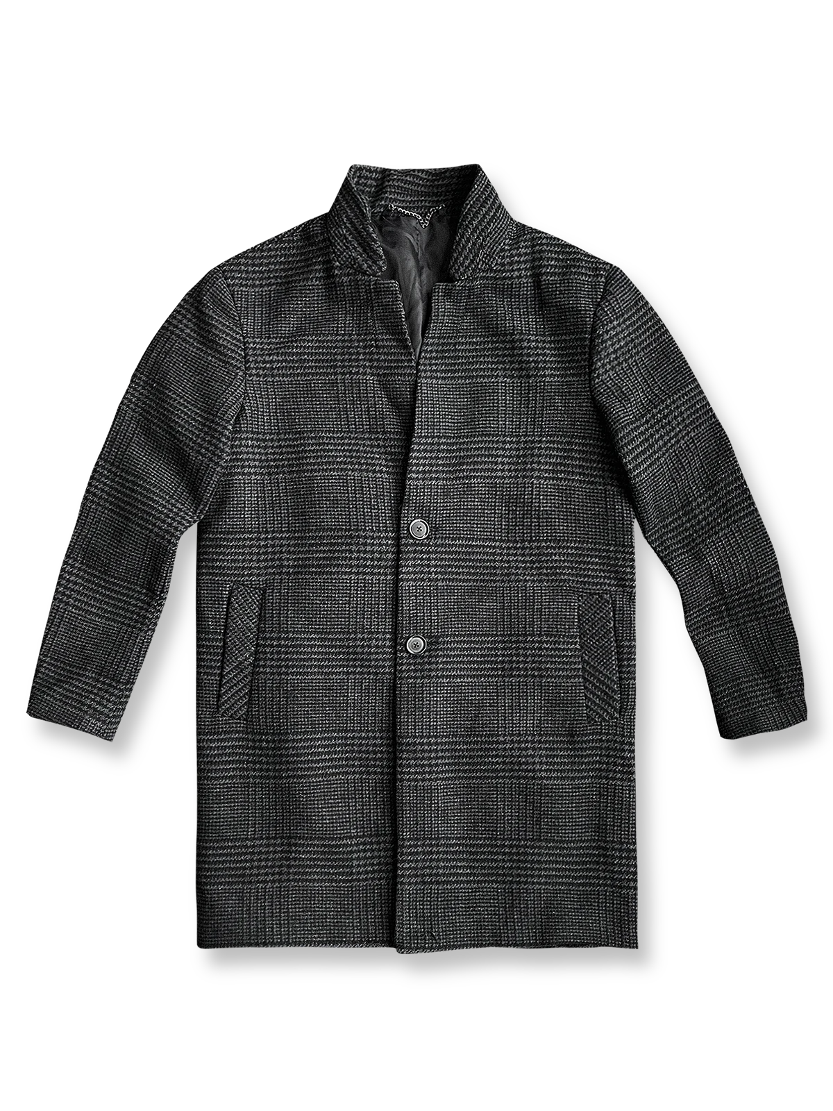 ヘビー混紡生地とスタンドカラーを特徴とするミドル丈チェックコート。防風性と保温性に優れたデザイン。