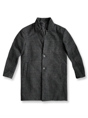 ヘビー混紡生地とスタンドカラーを特徴とするミドル丈チェックコート。防風性と保温性に優れたデザイン。