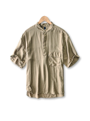 リネンブレンド・スタンドカラー半袖シャツ