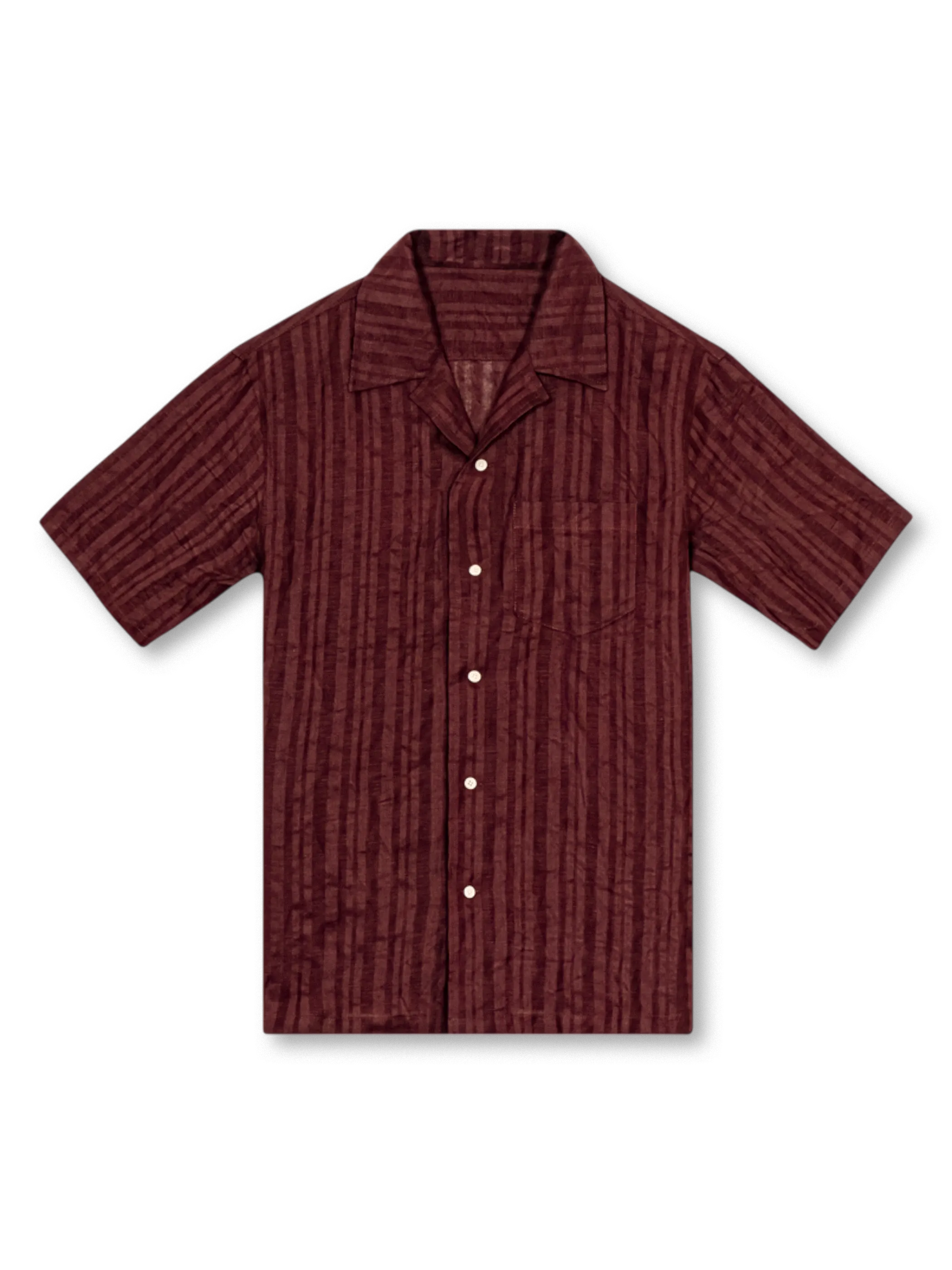 重緯弱経織法の通気性豊かなリネン混開襟シャツ