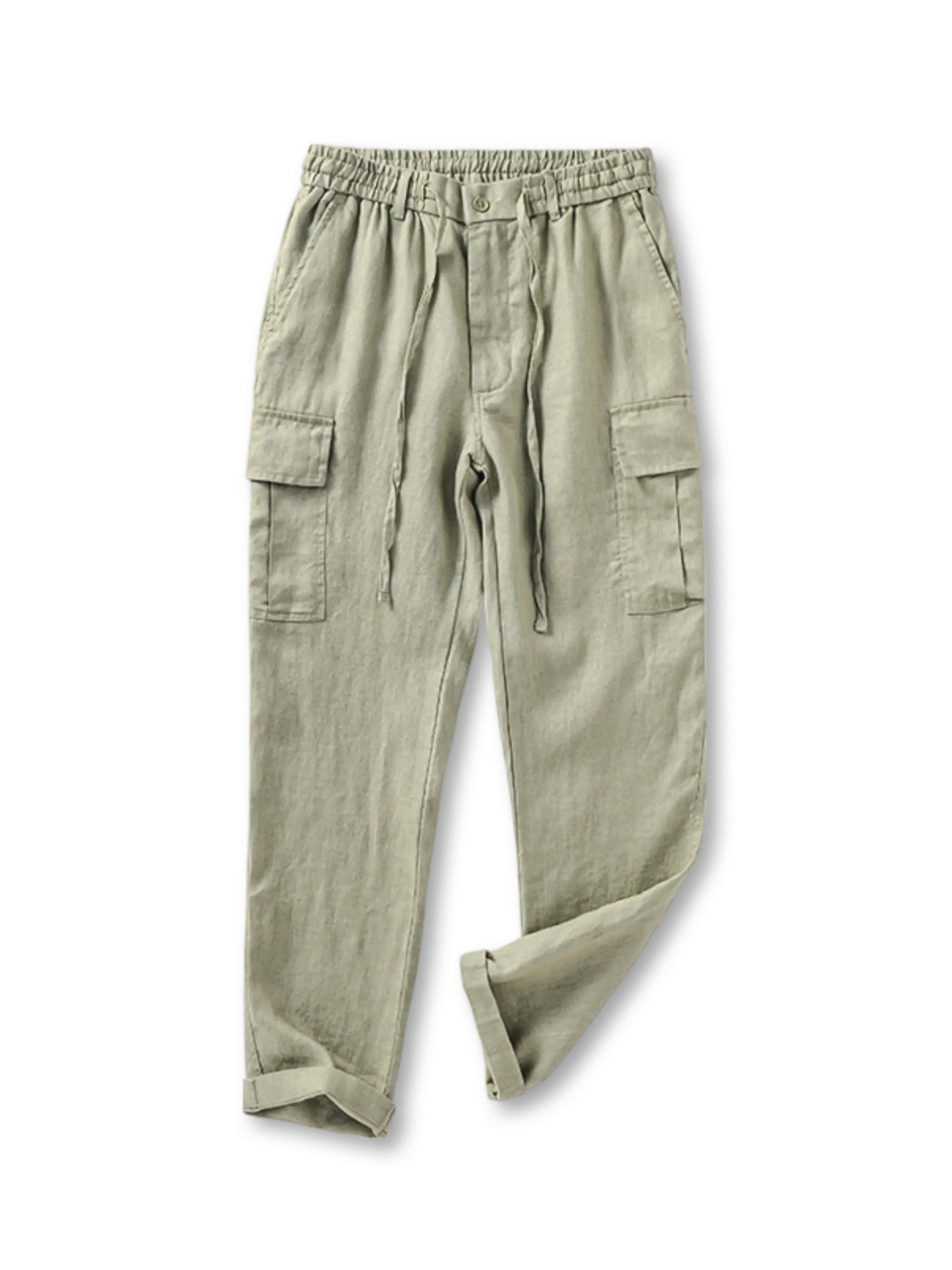 天然リネン素材の立体的な織り目とカーゴポケットが特徴のリラックスパンツ