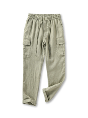 天然リネン素材の立体的な織り目とカーゴポケットが特徴のリラックスパンツ