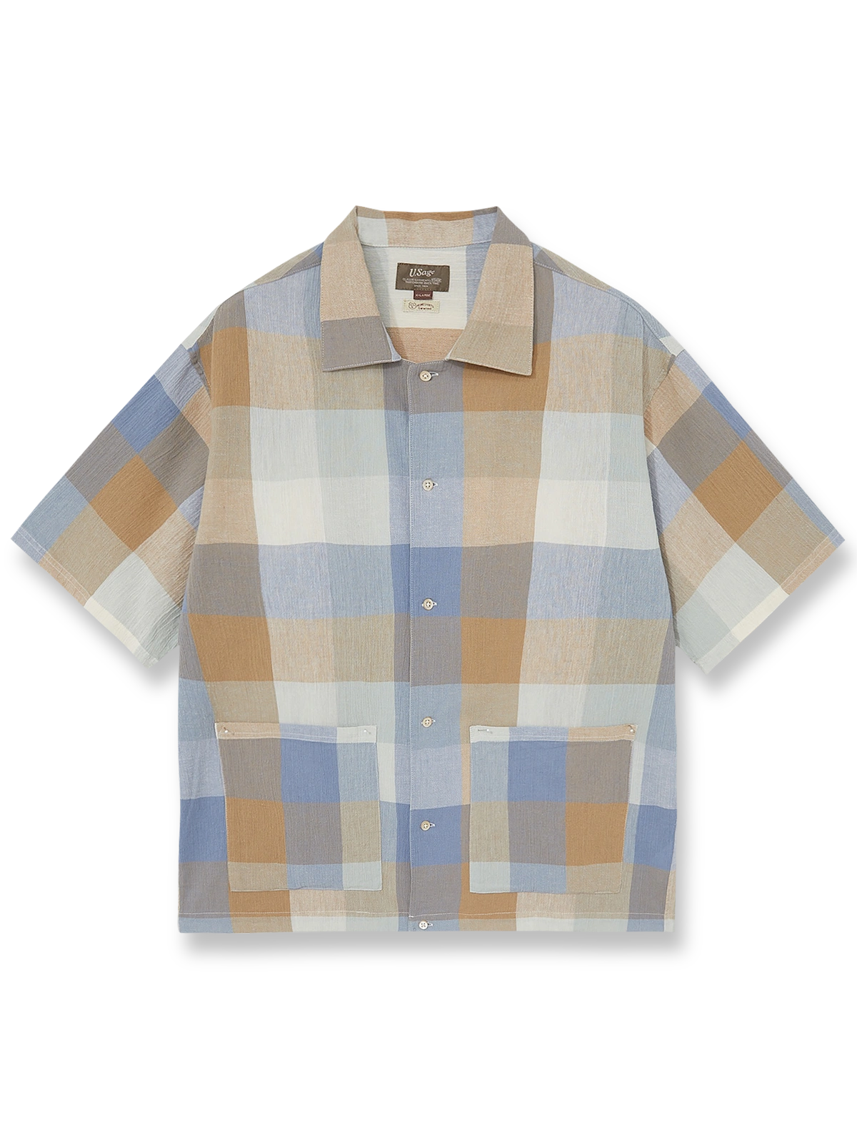 リネンチェックオープンカラーシャツ。