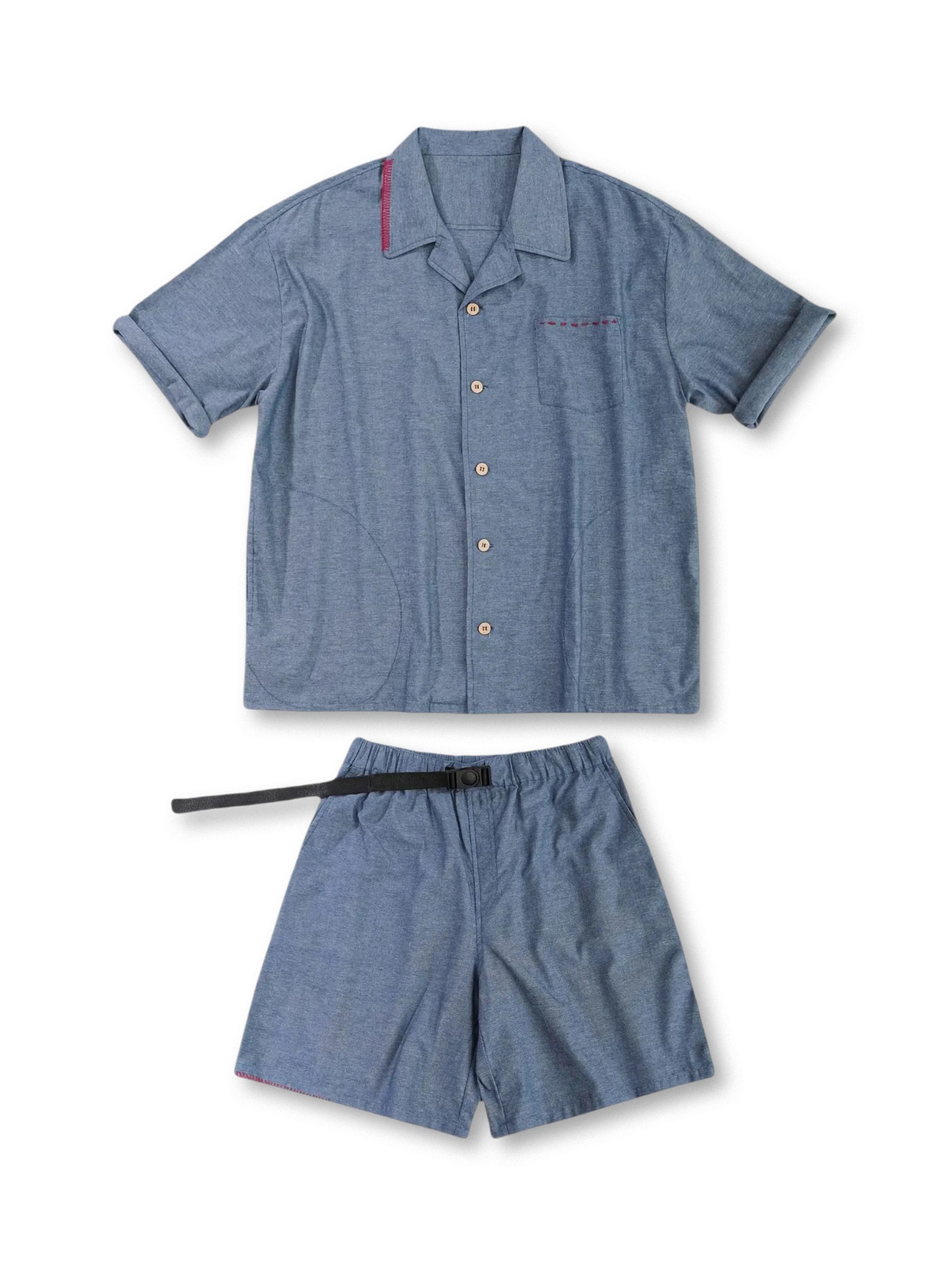 手縫いラインが特徴のリネンコットン素材シャツセット