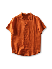 伝統的なキューバカラーとフラックスリネン素材の軽やかなドレープが特徴のオープンシャツ