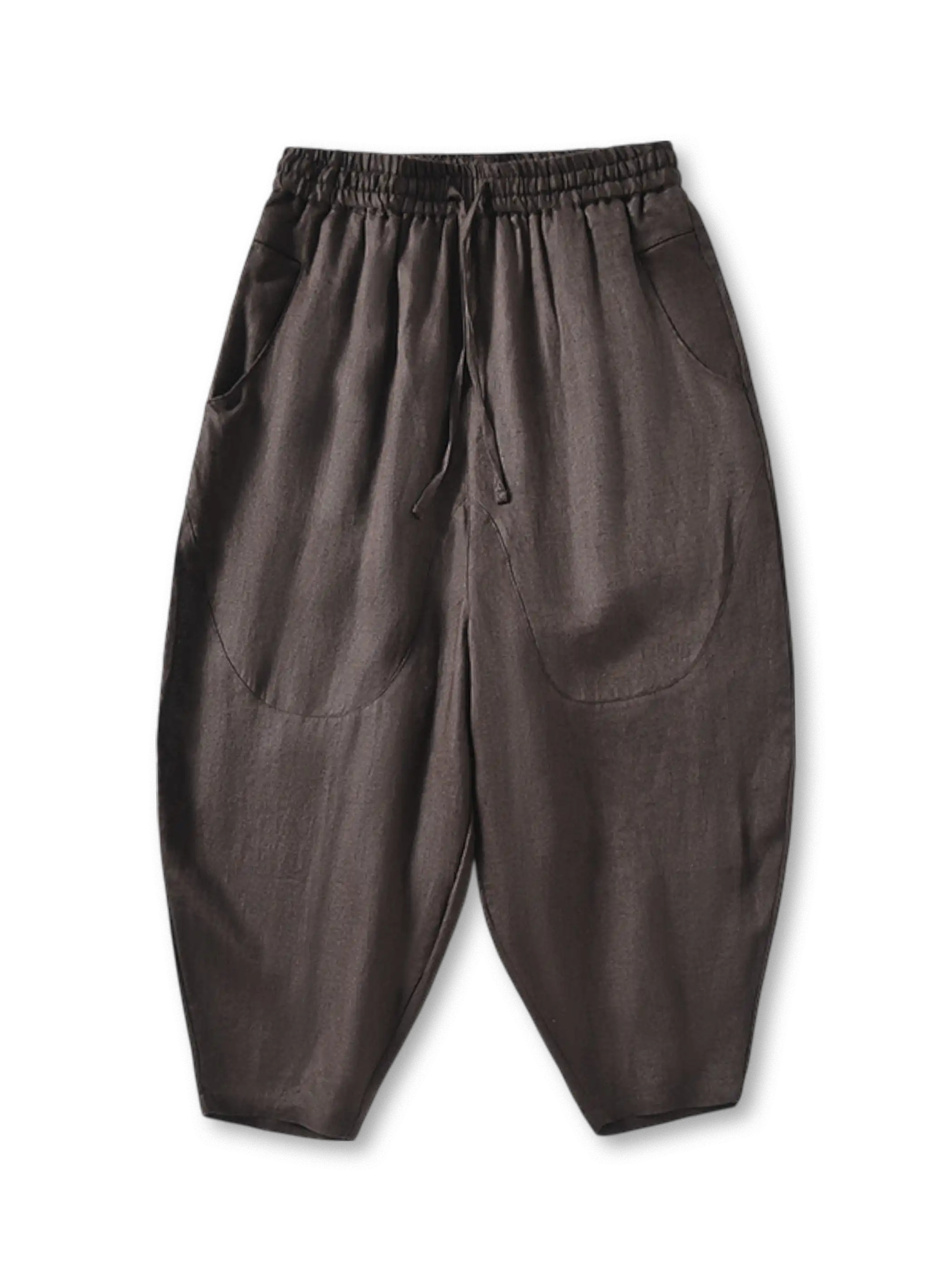 薄手リネン素材のドロップクロッチイージーパンツ、ゴム&ドローコードウエストと機能的なサイドポケット付き