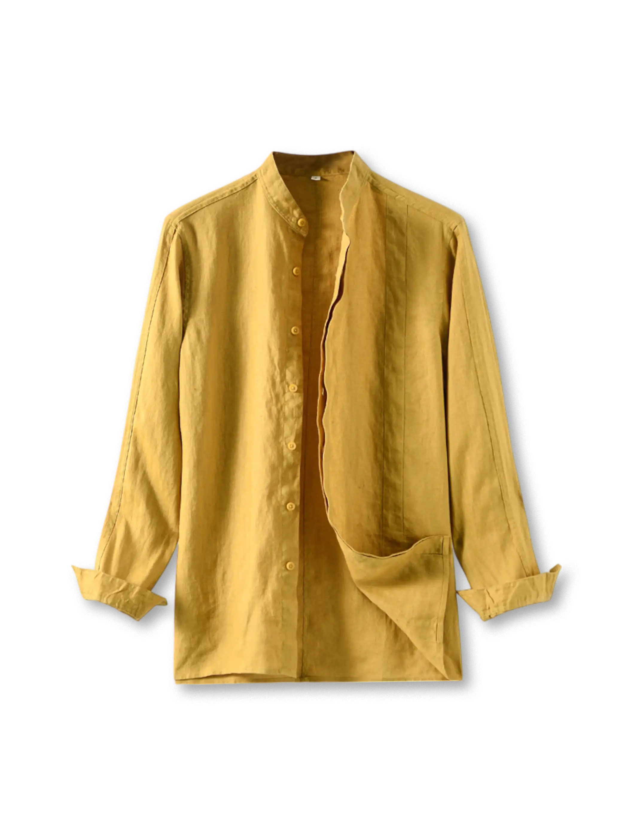 高密度リネン素材の立ち襟リラックスシャツ、優れた通気性と自然な織り目が特徴