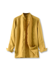 高密度リネン素材の立ち襟リラックスシャツ、優れた通気性と自然な織り目が特徴