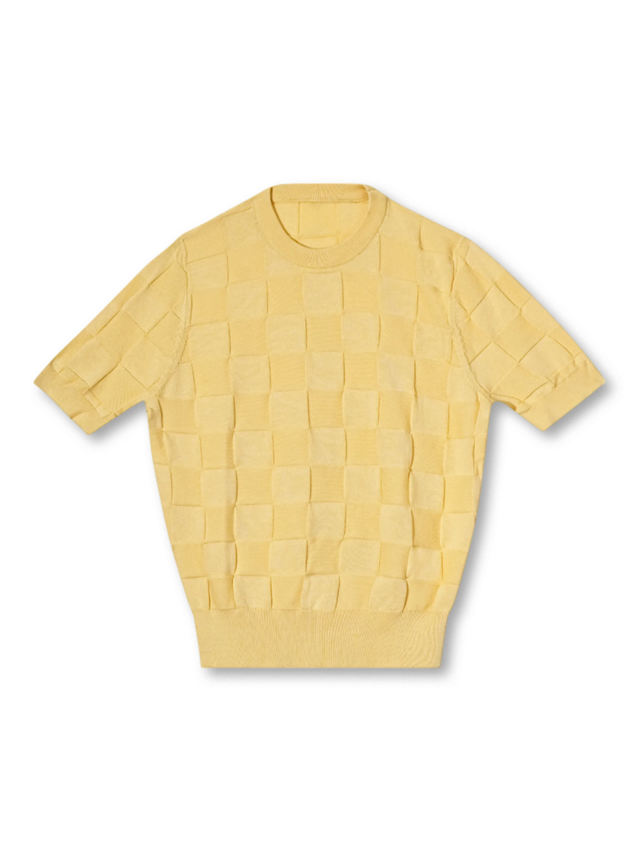 長繊維綿と格子編みが特徴のクラシッククルーネック半袖ニット