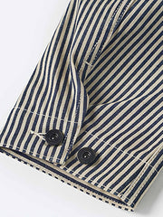 製品画像: LOT422 HICKORY レイルロードストライプワークジャケットの正面画像。クラシックなワークスタイルと希少なセルビッジデニムが特徴。
詳細画像: セルビッジエッジとストライプデニム生地のディテール特写。ヴィンテージ感と耐久性を兼ね備えたデザイン。