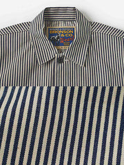 製品画像: LOT422 HICKORY レイルロードストライプワークジャケットの正面画像。クラシックなワークスタイルと希少なセルビッジデニムが特徴。
詳細画像: セルビッジエッジとストライプデニム生地のディテール特写。ヴィンテージ感と耐久性を兼ね備えたデザイン。