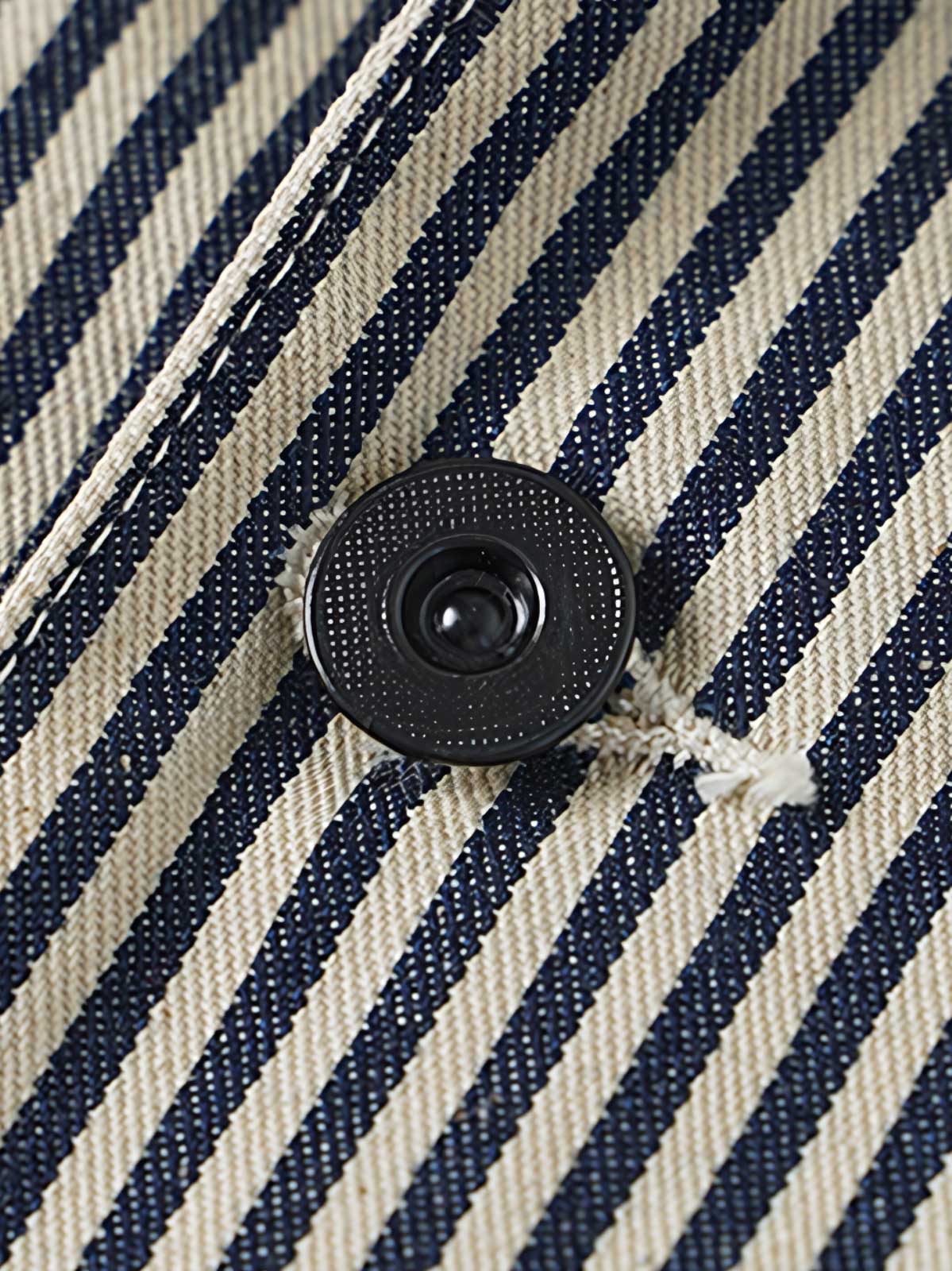 製品画像: LOT422 HICKORY レイルロードストライプワークジャケットの正面画像。クラシックなワークスタイルと希少なセルビッジデニムが特徴。
詳細画像: セルビッジエッジとストライプデニム生地のディテール特写。ヴィンテージ感と耐久性を兼ね備えたデザイン。