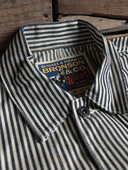 製品画像: LOT422 HICKORY レイルロードストライプワークジャケットの正面画像。クラシックなワークスタイルと希少なセルビッジデニムが特徴。
詳細画像: セルビッジエッジとストライプデニム生地のディテール特写。ヴィンテージ感と耐久性を兼ね備えたデザイン。