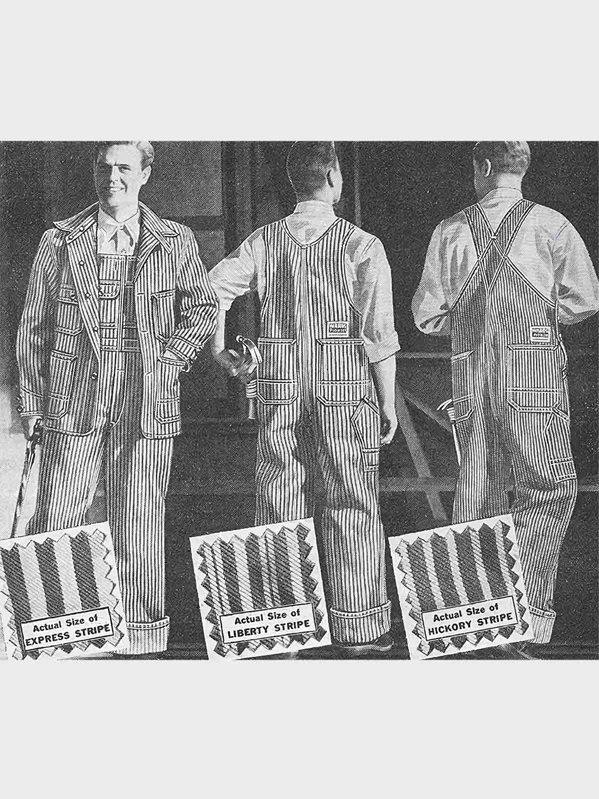 製品画像: LOT422 HICKORY レイルロードストライプワークジャケットの正面画像。クラシックなワークスタイルと希少なセルビッジデニムが特徴。
詳細画像: セルビッジエッジとストライプデニム生地のディテール特写。ヴィンテージ感と耐久性を兼ね備えたデザイン。