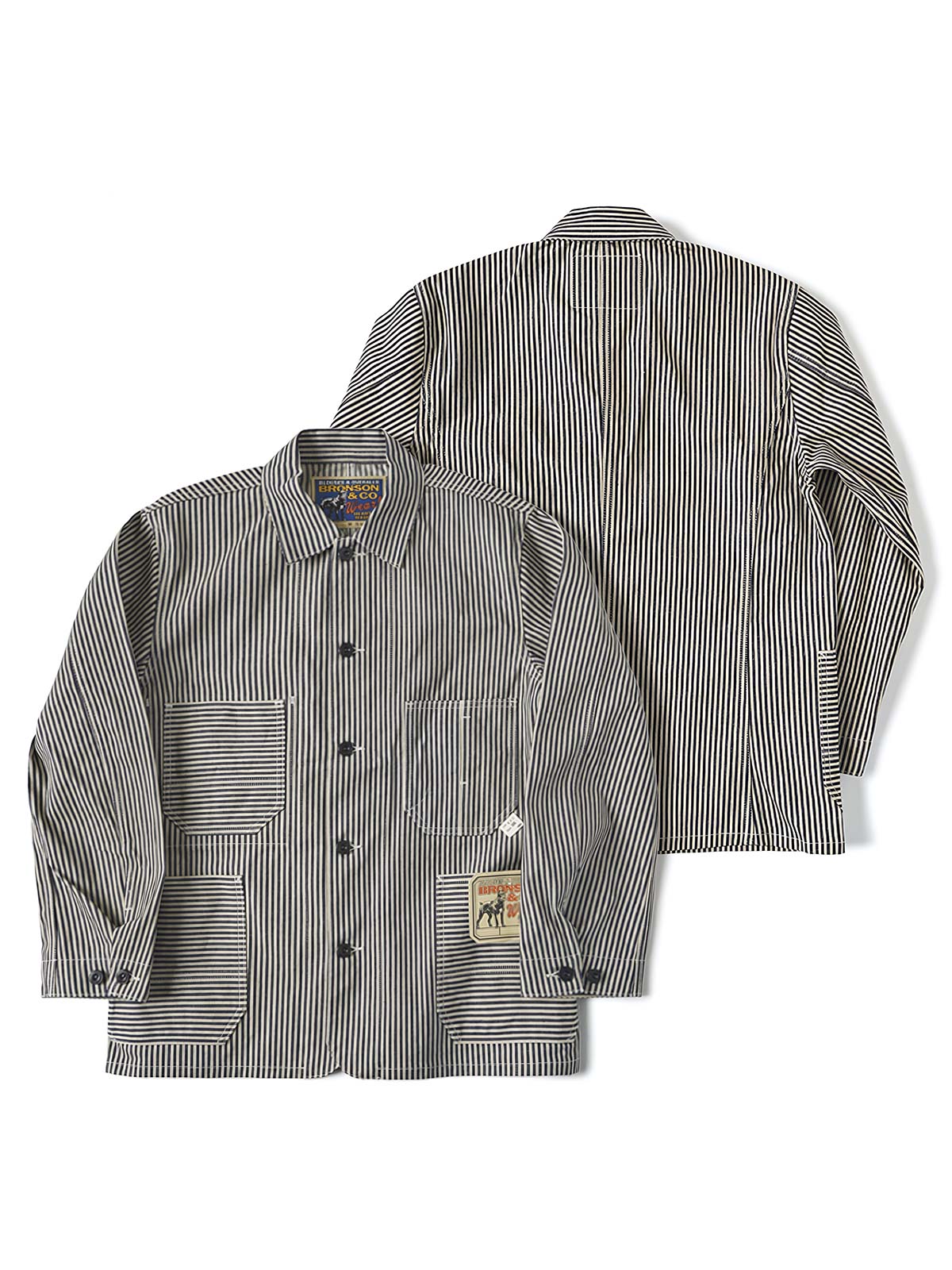 製品画像: LOT422 HICKORY レイルロードストライプワークジャケットの正面画像。クラシックなワークスタイルと希少なセルビッジデニムが特徴。
詳細画像: セルビッジエッジとストライプデニム生地のディテール特写。ヴィンテージ感と耐久性を兼ね備えたデザイン。