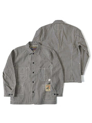 製品画像: LOT422 HICKORY レイルロードストライプワークジャケットの正面画像。クラシックなワークスタイルと希少なセルビッジデニムが特徴。
詳細画像: セルビッジエッジとストライプデニム生地のディテール特写。ヴィンテージ感と耐久性を兼ね備えたデザイン。