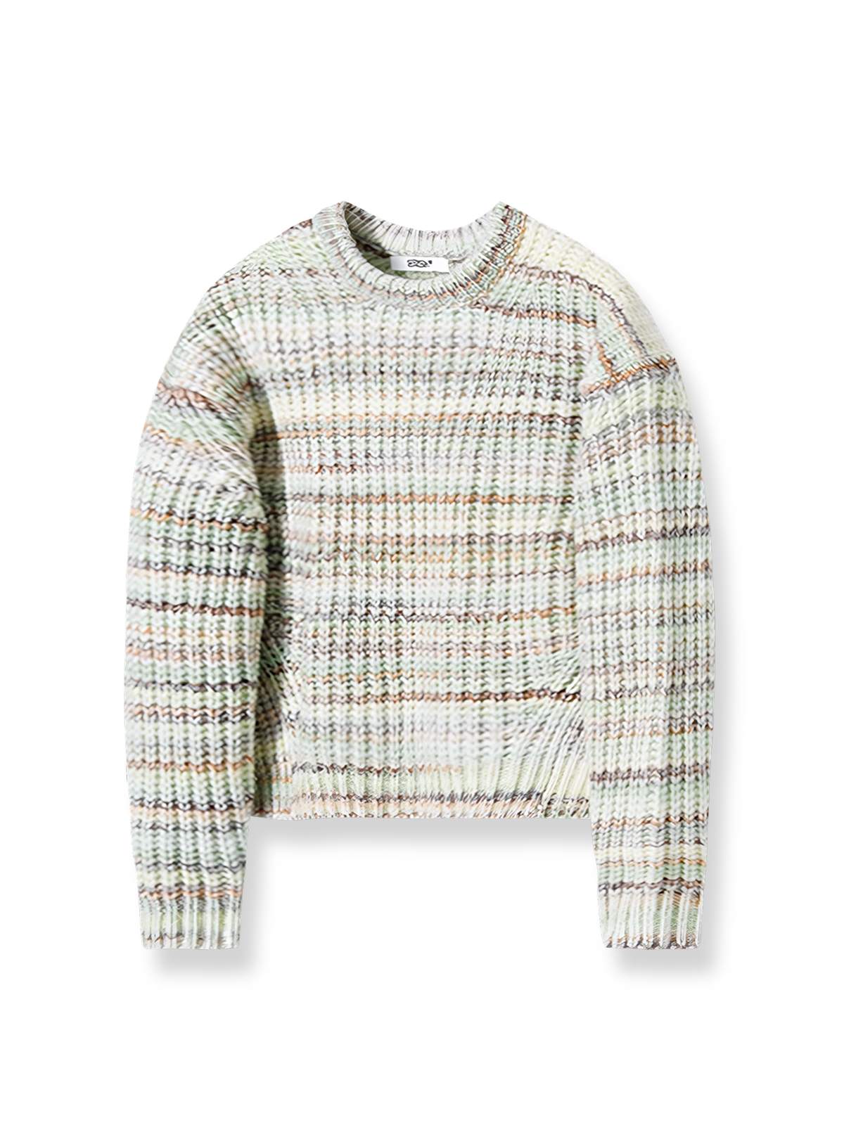 ローゲージ編みとショートワイドシルエットが特徴のクルーネックセーター