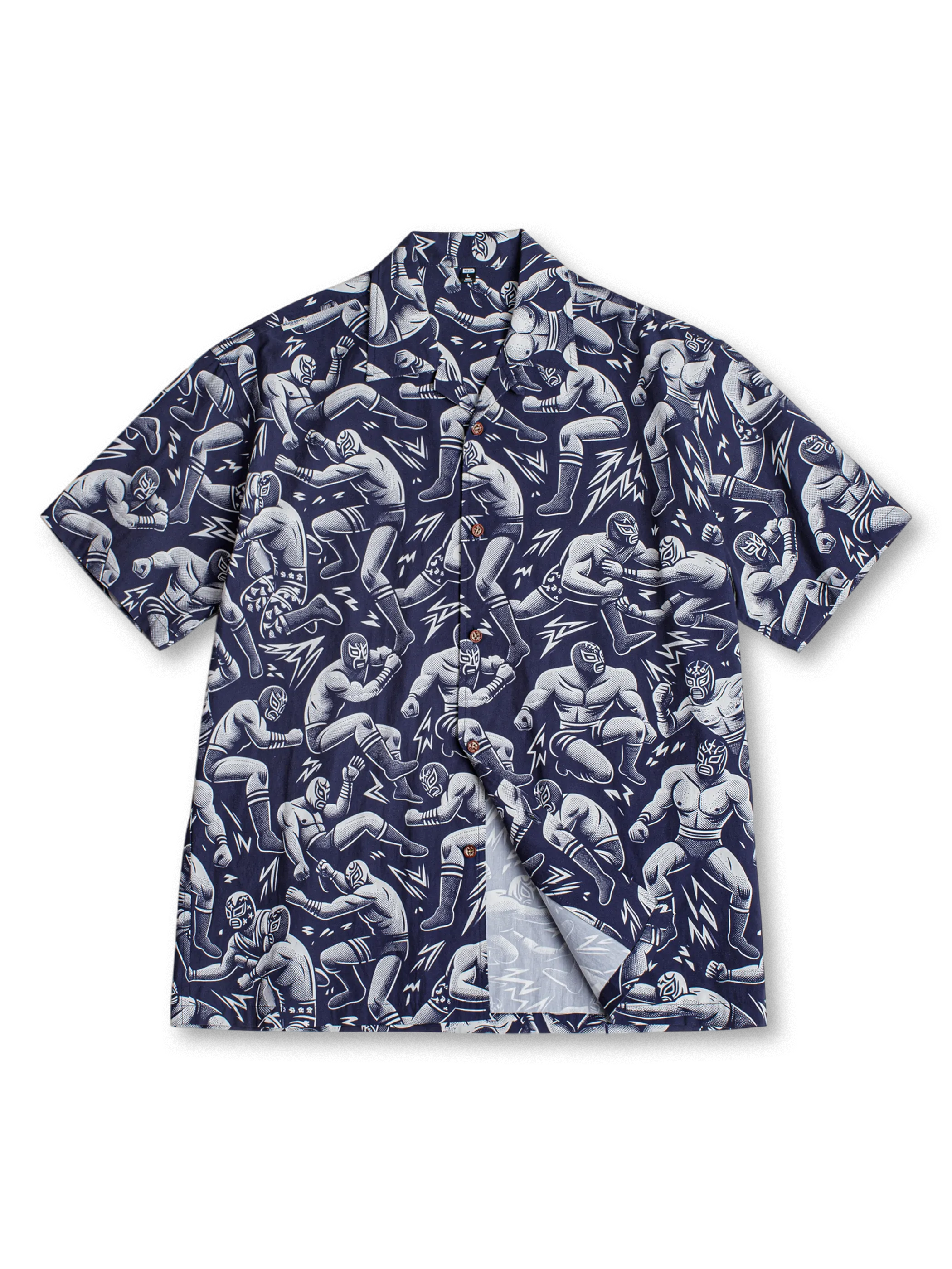 ルチャ・リブレのマスクを総柄プリントで表現したキューバンカラーアロハシャツ