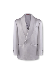 光沢混紡素材とノーカラージャケット&ダブルプリーツパンツのセットアップ