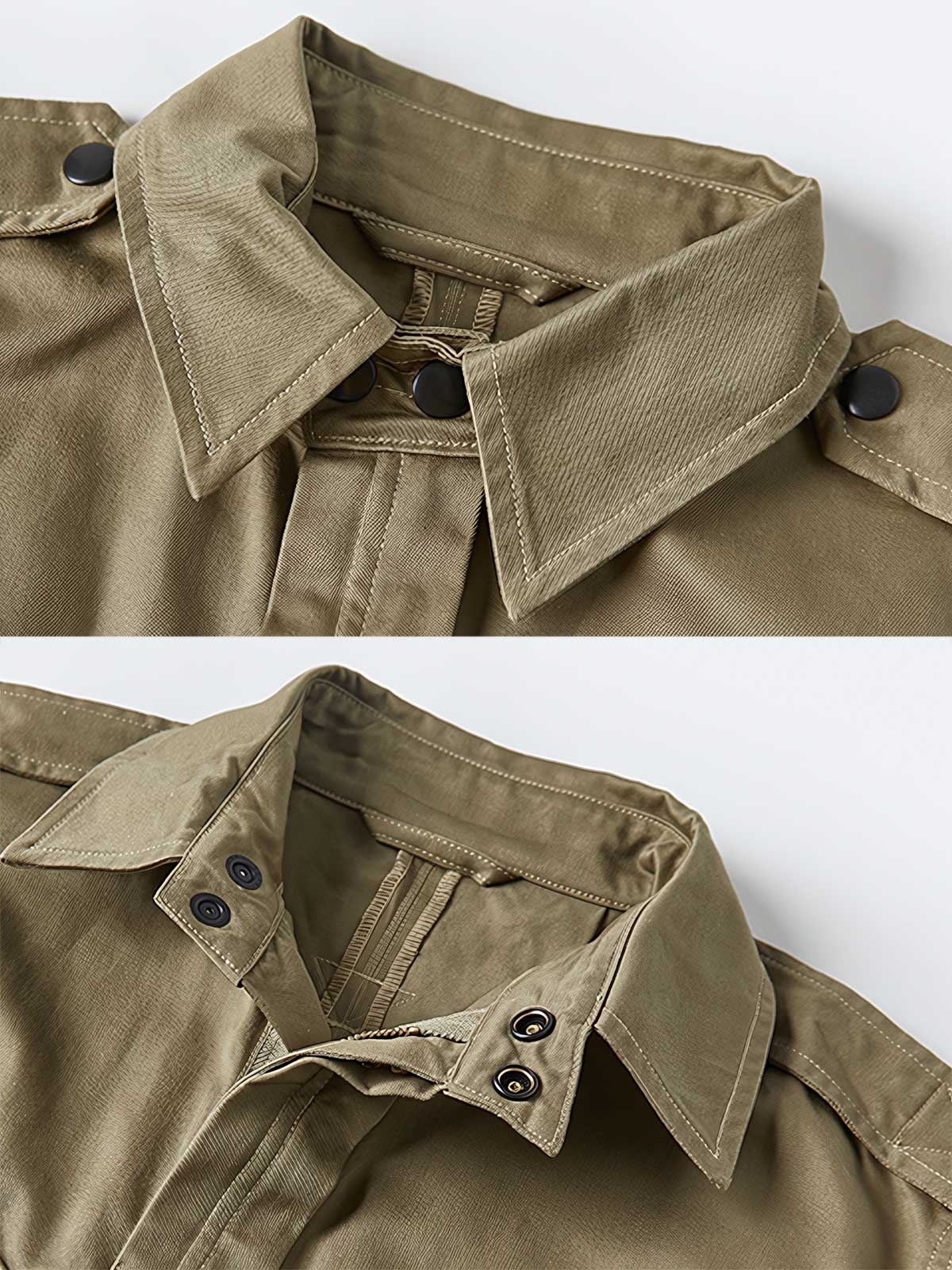 製品画像: M-42パラシュートジャケットの正面画像。ヴィンテージミリタリースタイルが際立つ高光沢ツイルコットンジャケット。
詳細画像: ジャケットのポケットとウエストベルトのディテール。機能性とデザイン性を兼ね備えたディテール。