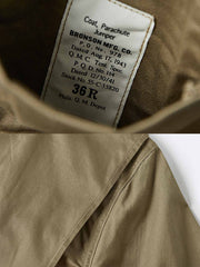 製品画像: M-42パラシュートジャケットの正面画像。ヴィンテージミリタリースタイルが際立つ高光沢ツイルコットンジャケット。
詳細画像: ジャケットのポケットとウエストベルトのディテール。機能性とデザイン性を兼ね備えたディテール。