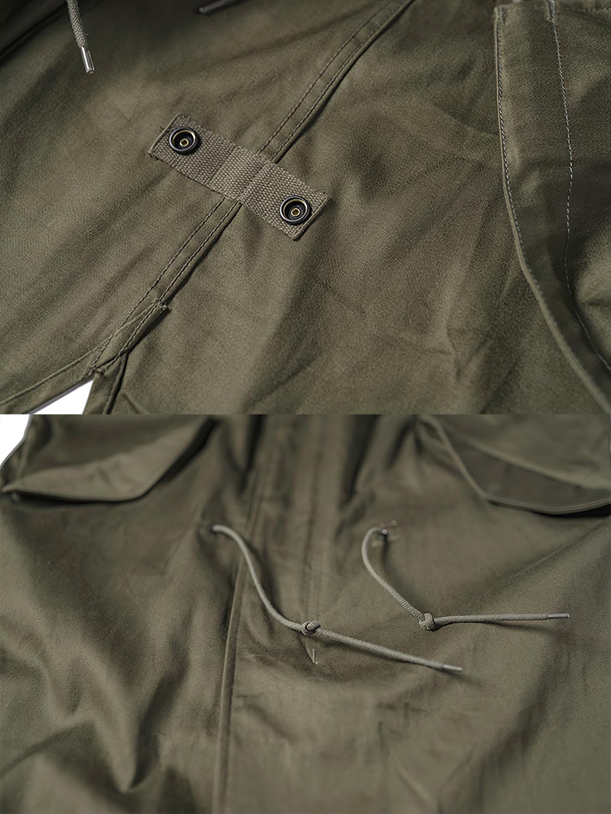 製品画像:M1951フィッシュテールパーカ、軍用アウターの正面画像
詳細画像:フィッシュテールパーカの防風・防寒デザインの細部特写