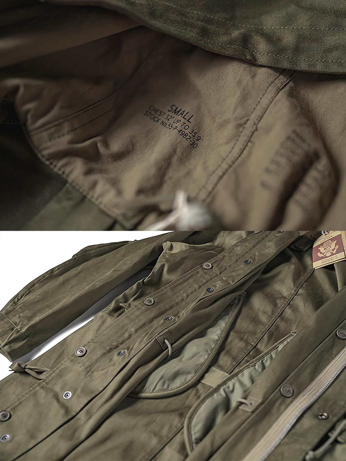 製品画像:M1951フィッシュテールパーカ、軍用アウターの正面画像
詳細画像:フィッシュテールパーカの防風・防寒デザインの細部特写