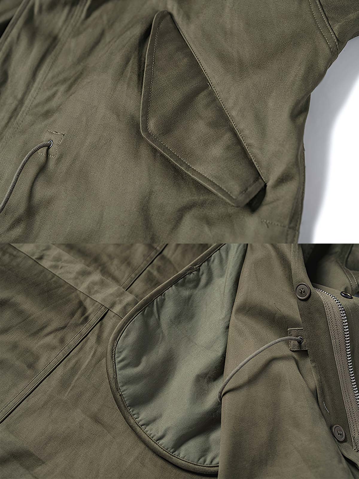 製品画像:M1951フィッシュテールパーカ、軍用アウターの正面画像
詳細画像:フィッシュテールパーカの防風・防寒デザインの細部特写