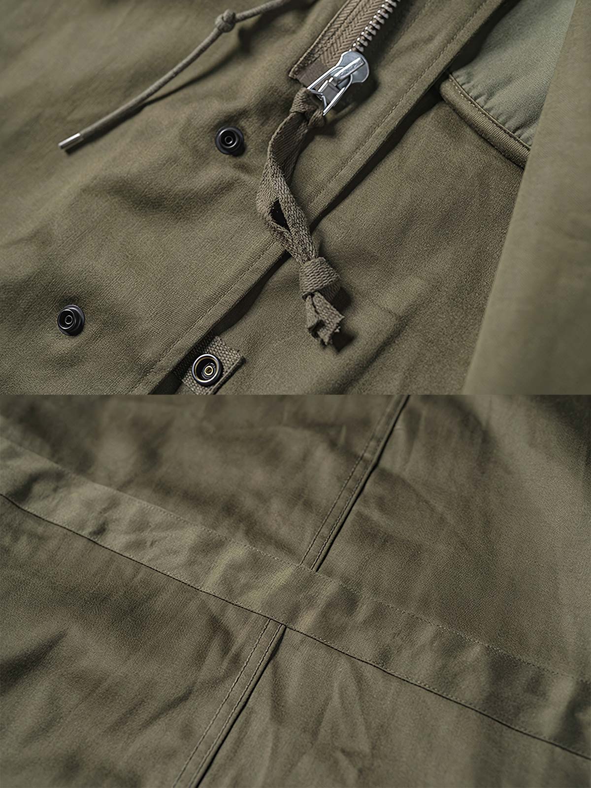 製品画像:M1951フィッシュテールパーカ、軍用アウターの正面画像
詳細画像:フィッシュテールパーカの防風・防寒デザインの細部特写