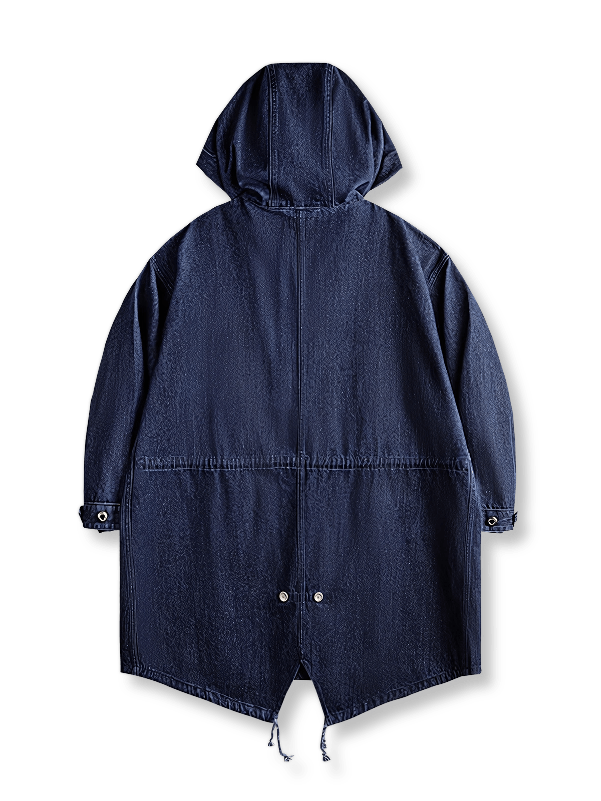 製品画像: M51デニムフィッシュテール パーカ(フード付き)の全体像を正面から撮影した画像
詳細画像: 青銅色のジッパーとフィッシュテールデザインを強調したディテール画像